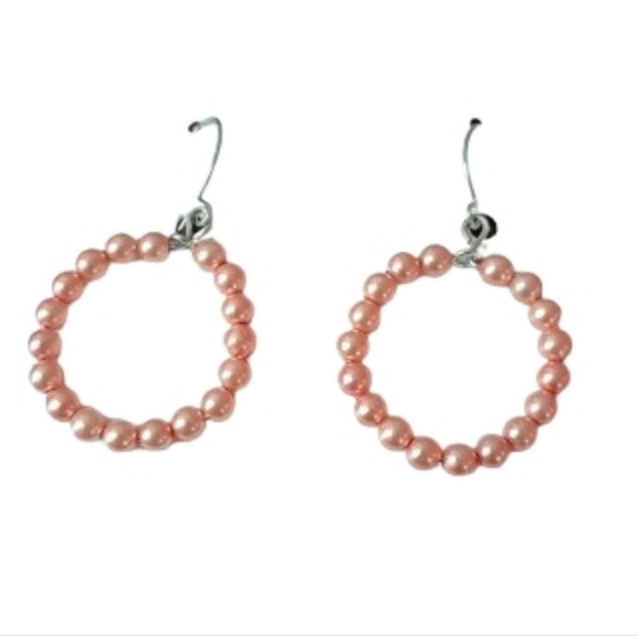 Jewelry - Coquette Pink Faux Pearl Beaded Dangle Hoop Drop Earrings Silver Tone